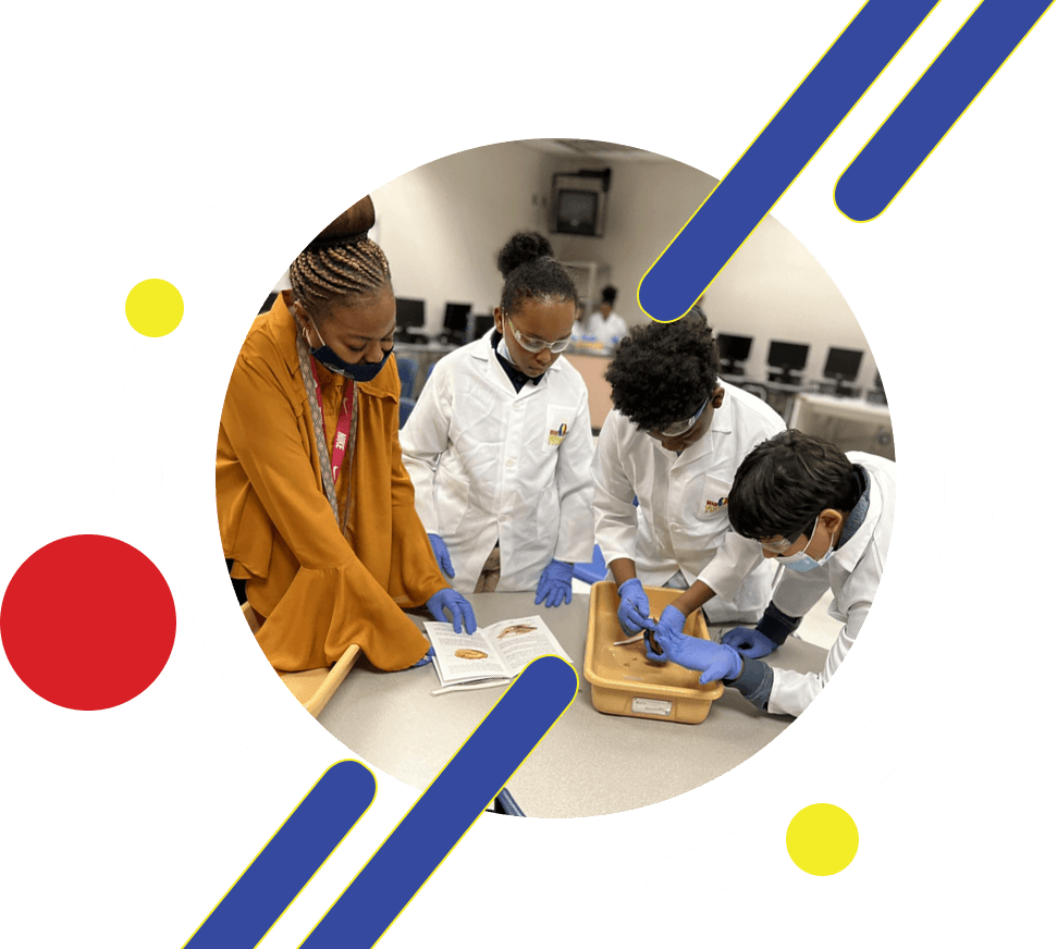 BrainBuzzed students in lab coats and gloves examining a specimen with their instructor